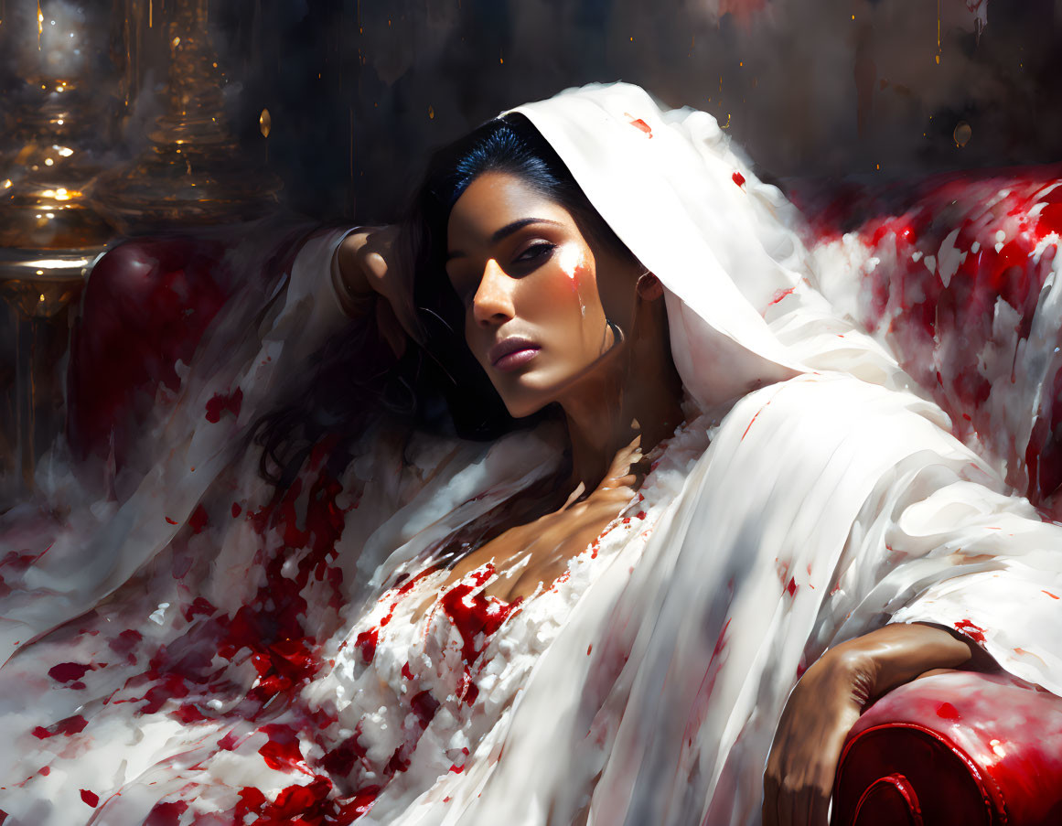 Serene woman in white cloth with red splatters, reclining pensively