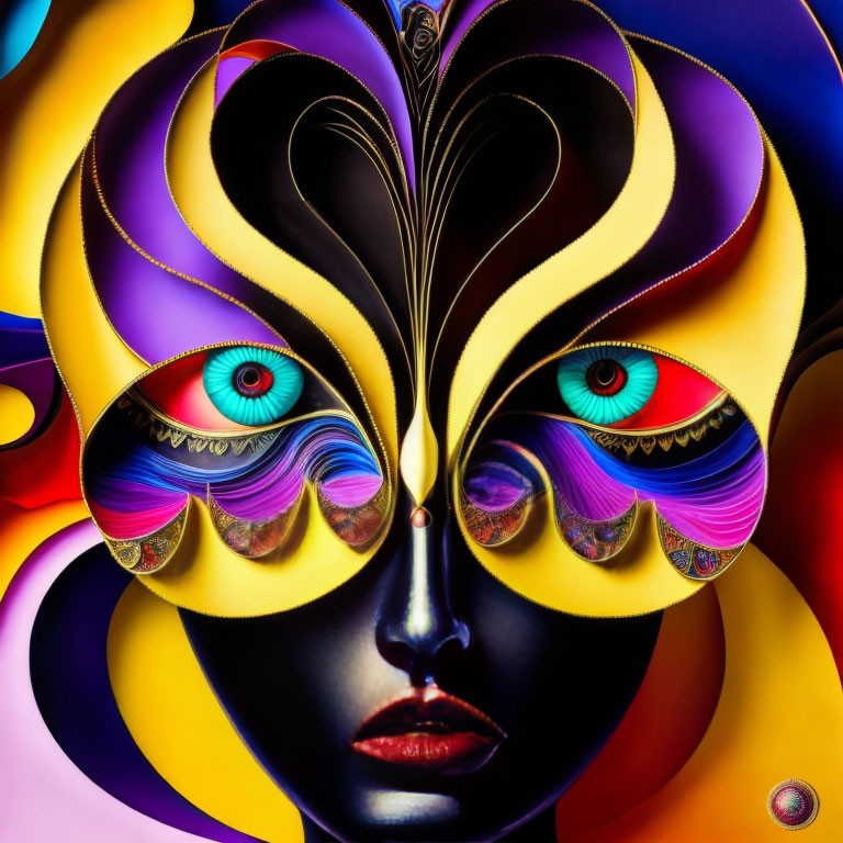 Colorful Abstract Butterfly Face with Multiple Eyes and Vibrant Background