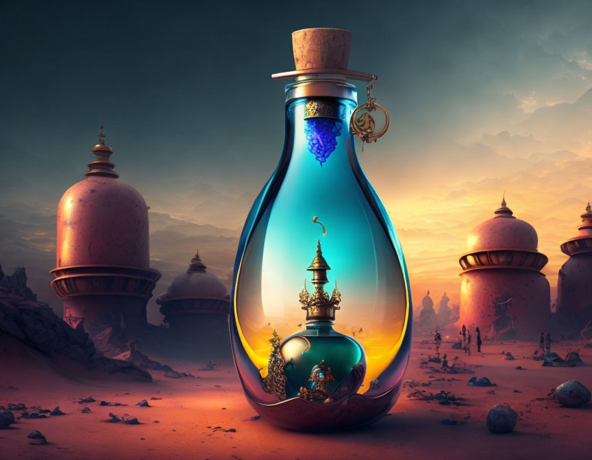 Surreal Potion Bottle with Blue Liquid and Fantasy Landscape