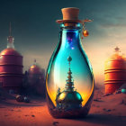 Surreal Potion Bottle with Blue Liquid and Fantasy Landscape