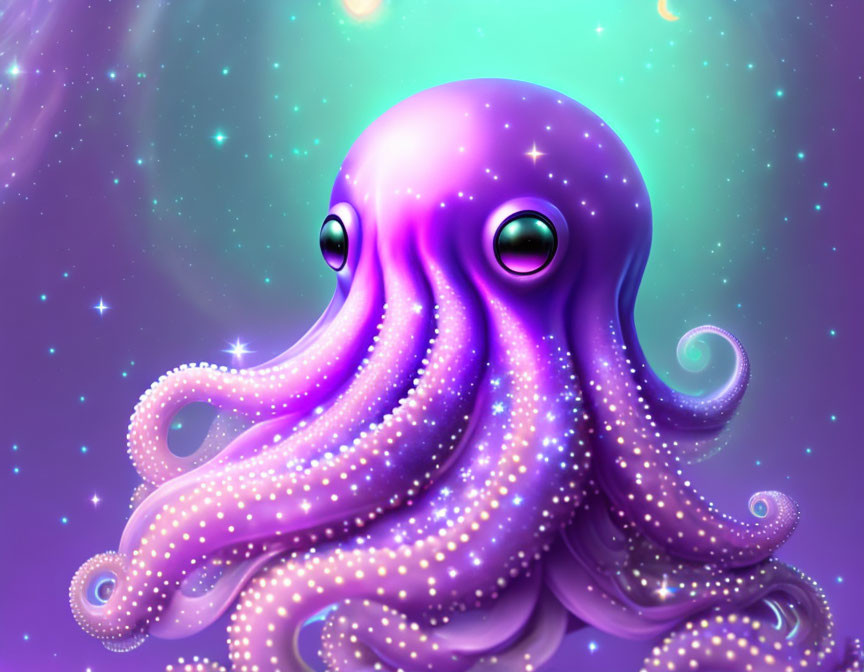 Colorful Purple Octopus Illustration on Starry Background