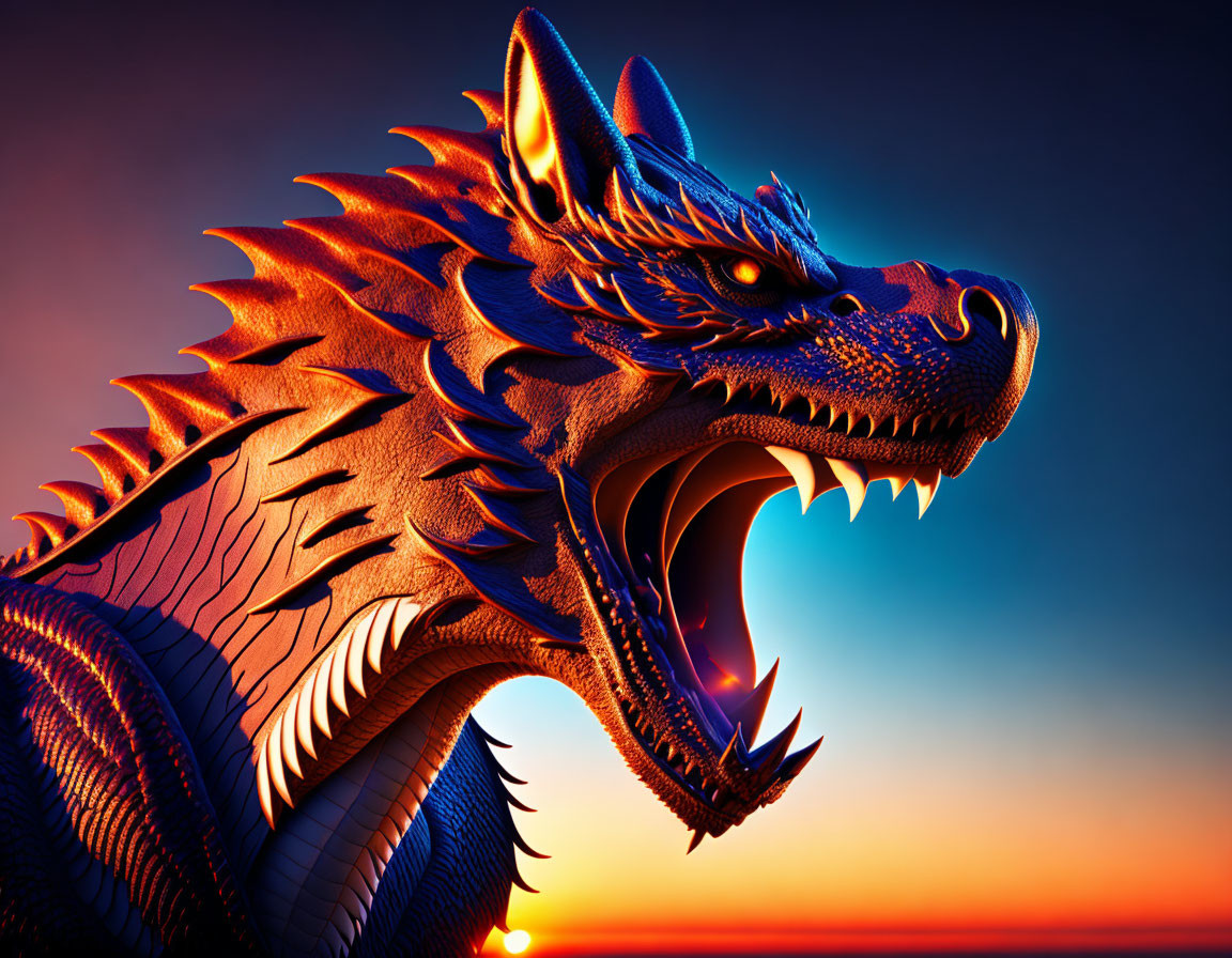 Digital dragon with glowing eyes and scales against vibrant sunset background