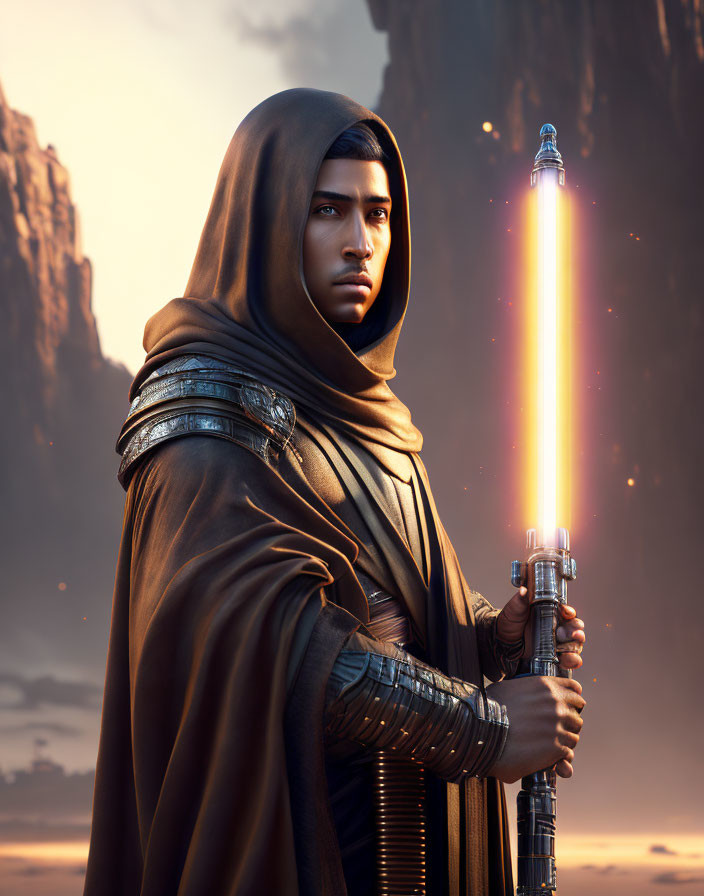 Cloaked figure with ignited lightsaber in rocky dusk setting