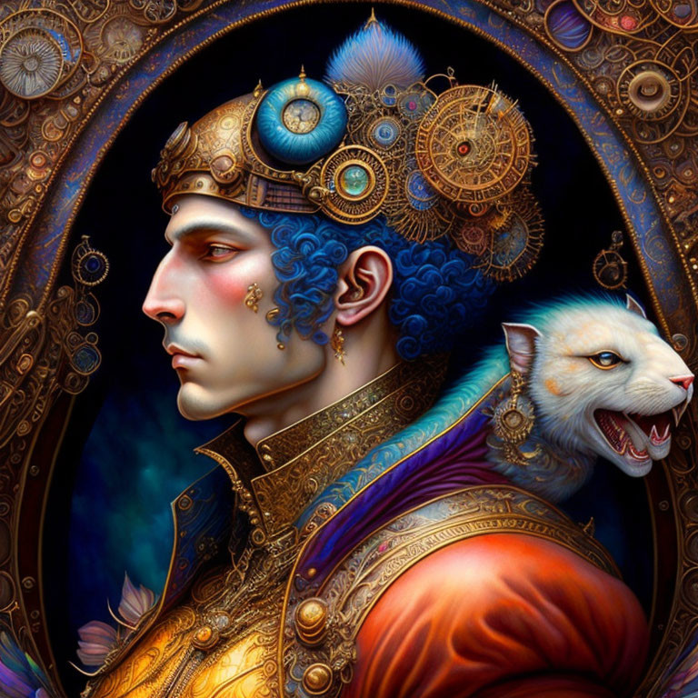 Stylized digital portrait of man with blue skin and ornate headgear next to white wolf