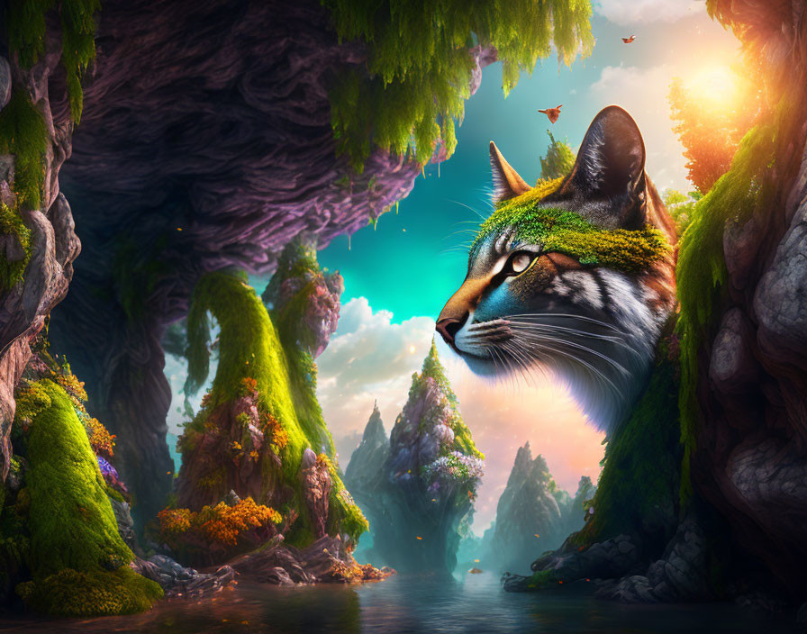 Oversized cat's head in fantasy landscape with mossy forest, cliffs, river, and lumin