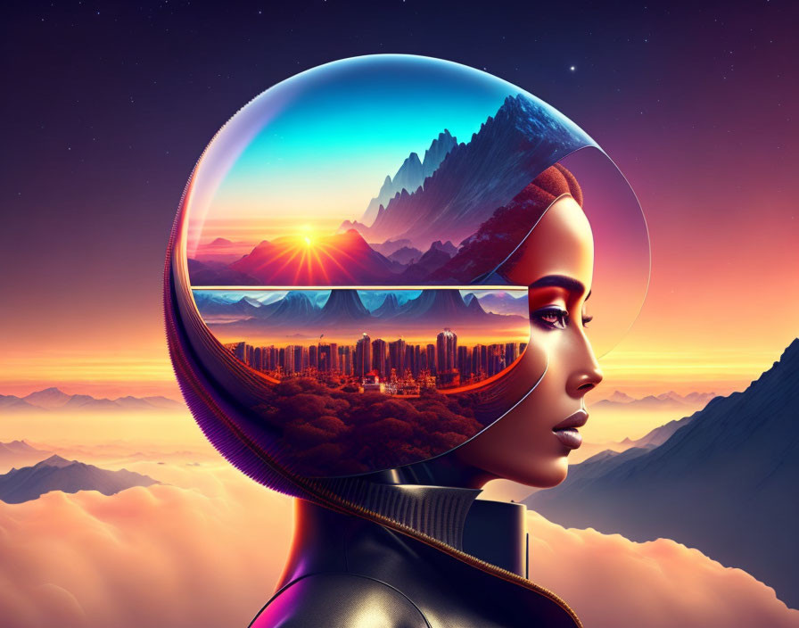 Futuristic illustration of woman with glass helmet reflecting cityscape and mountain sunrise