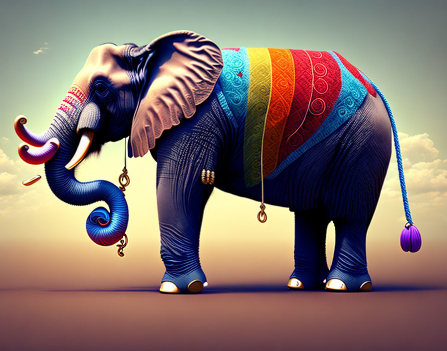 Colorful Decorated Elephant Illustration on Gradient Background