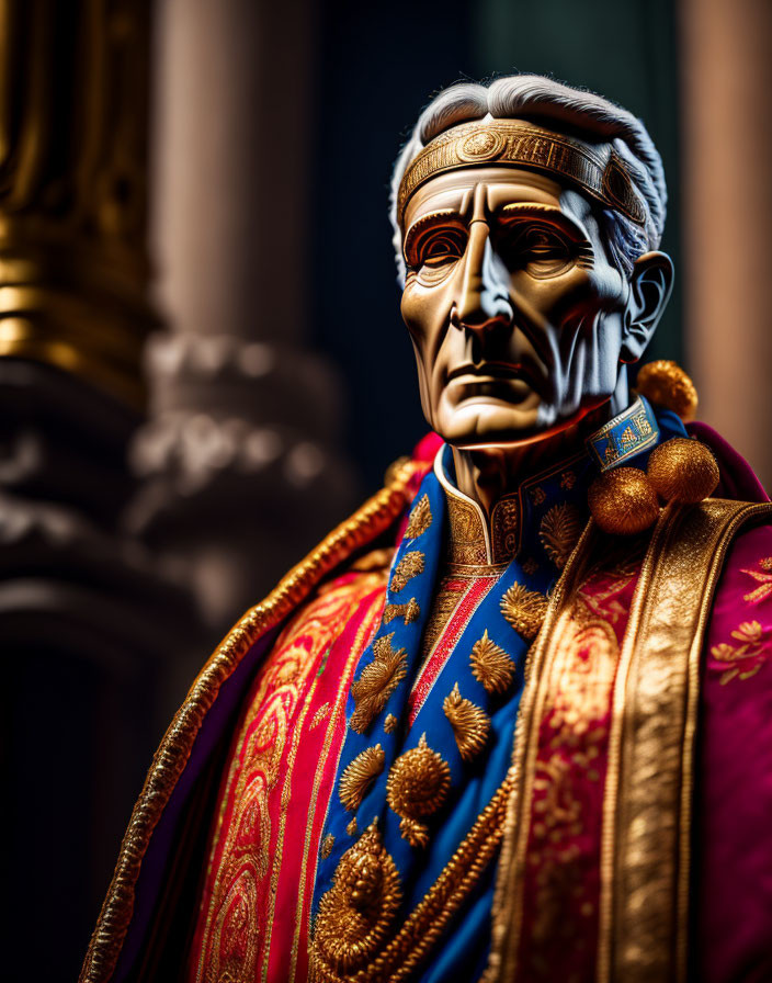 Male Figure in Ornate Military Regalia and Medals with Dramatic Lighting