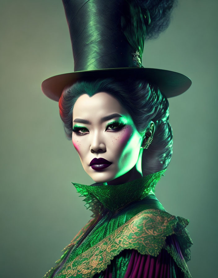 Vibrant makeup woman portrait with top hat and Victorian collar