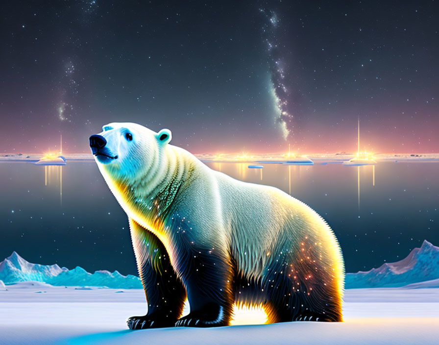 Translucent glowing polar bear under night sky with auroras