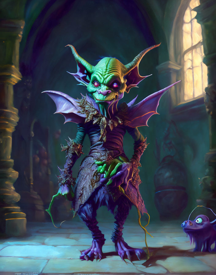 Fantasy illustration of green imp in gothic chamber with dark creature