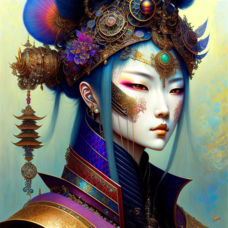 Illustrated character with blue skin and golden headdress in Asian-inspired attire