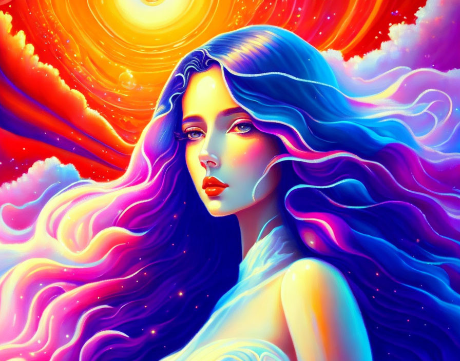 Colorful Cosmic Illustration of Woman with Flowing Hair