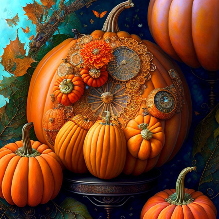 Colorful Pumpkin and Flower Illustration on Blue Background