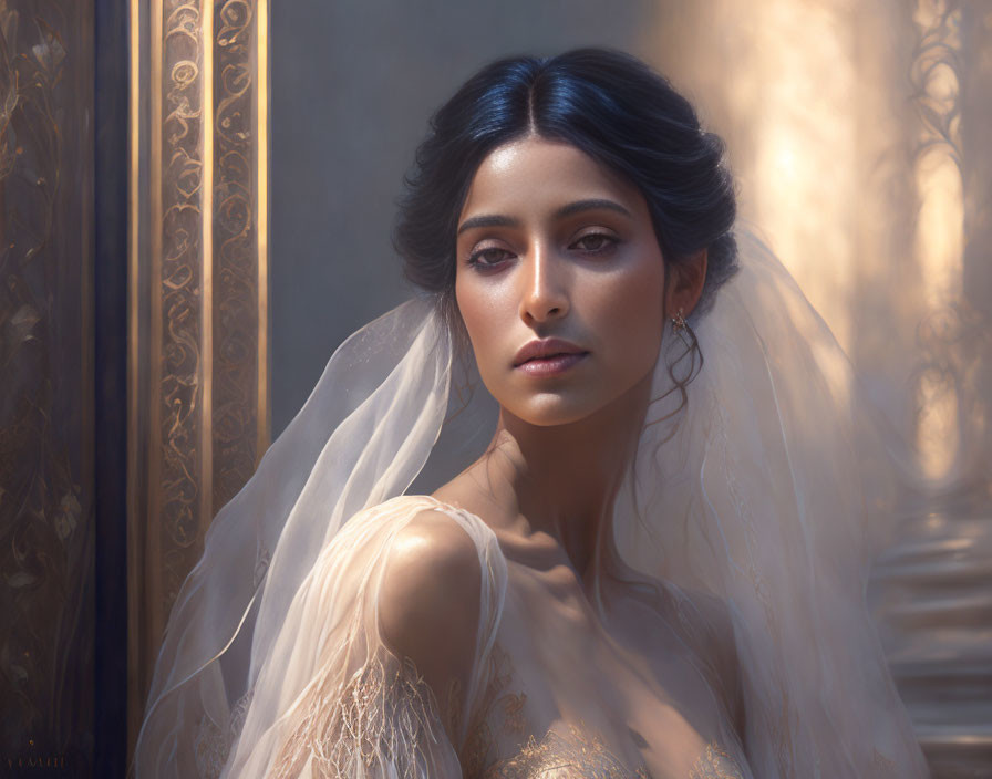 Dark-haired woman in wedding veil with ornate dress under warm sunlight