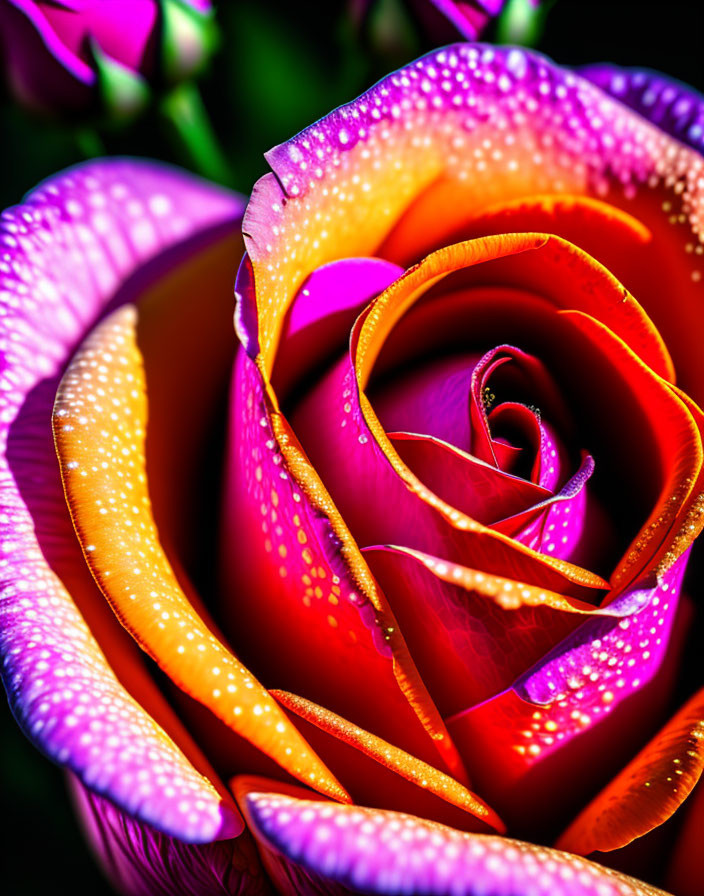 Close-up of Multicolored Rose with Dewdrops on Dark Background