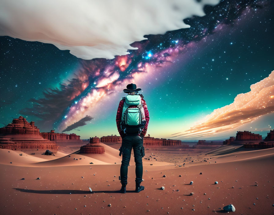 Person in Hat and Backpack Gazes at Surreal Day-Night Sky