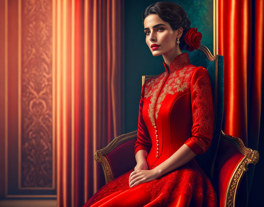 Styled hair and red lace dress woman sitting elegantly in ornate chair.