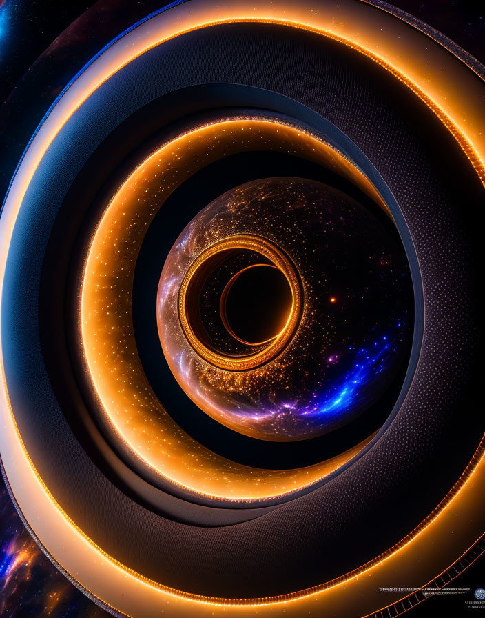 Abstract digital artwork: concentric rings in cosmic space with blue and orange hues.