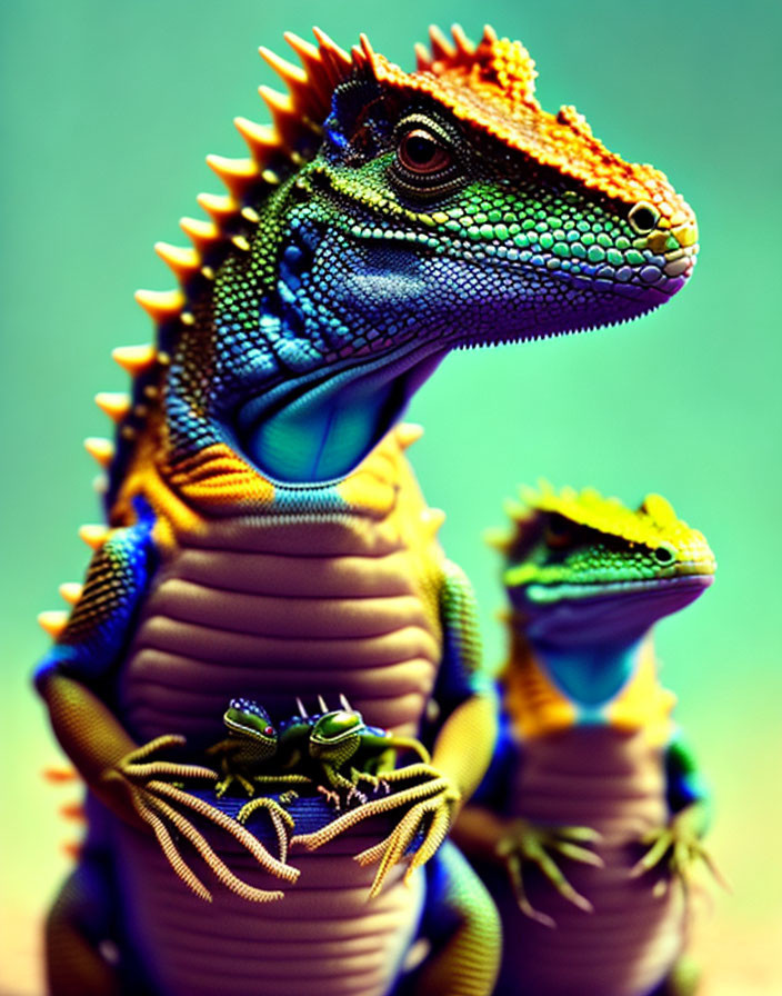 Colorful Iguana with Orange, Blue, and Green Hues Alongside Hatchlings