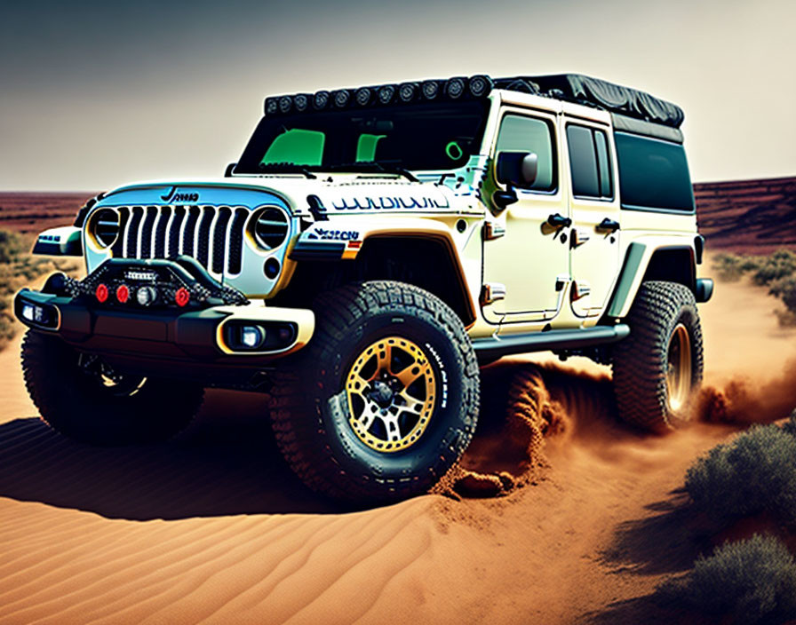 Modified Jeep Wrangler with Roof Rack and Extra Lights Driving in Desert