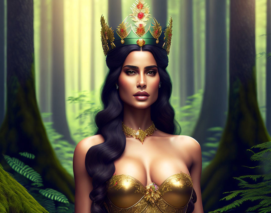 Regal woman with gold crown and necklace in mystical forest