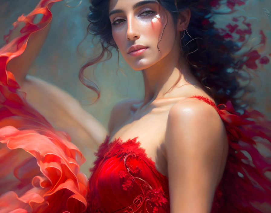 Woman in Vibrant Red Dress with Flowing Fabric and Dreamy Background