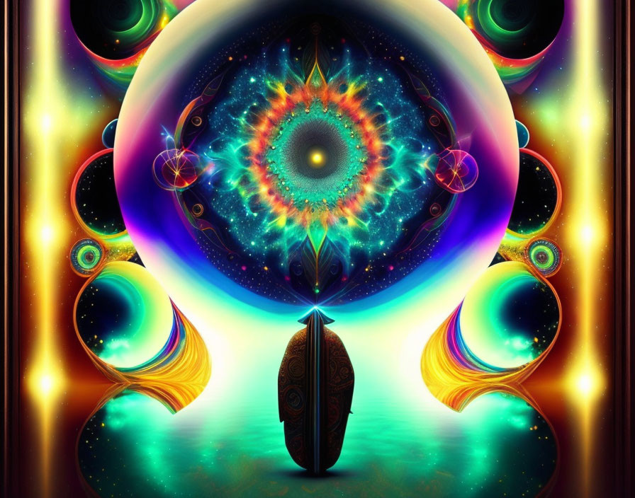 Colorful Psychedelic Artwork with Mandala Pattern and Abstract Cosmic Designs