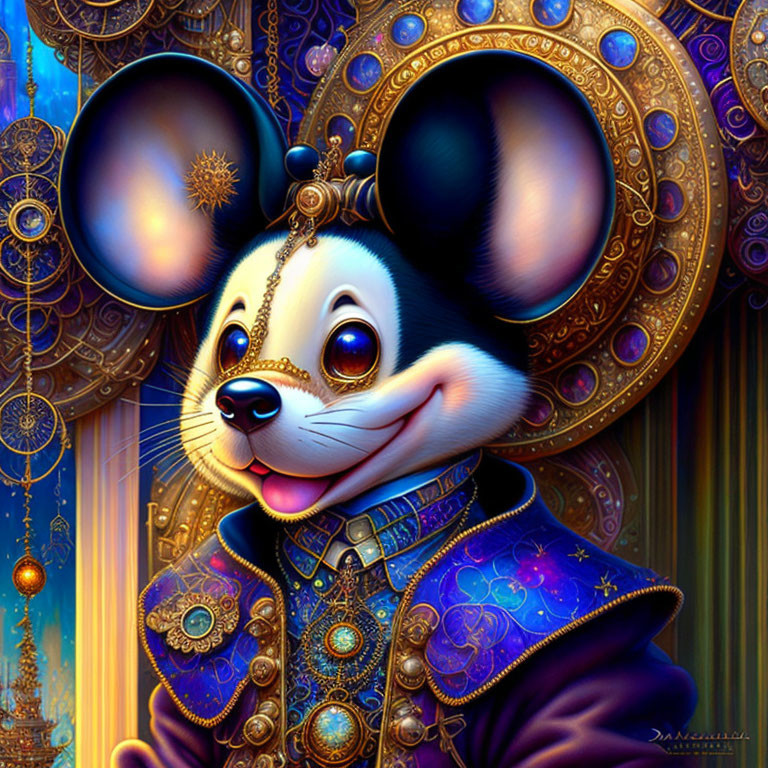 Regal mouse character in steampunk attire on mechanical backdrop