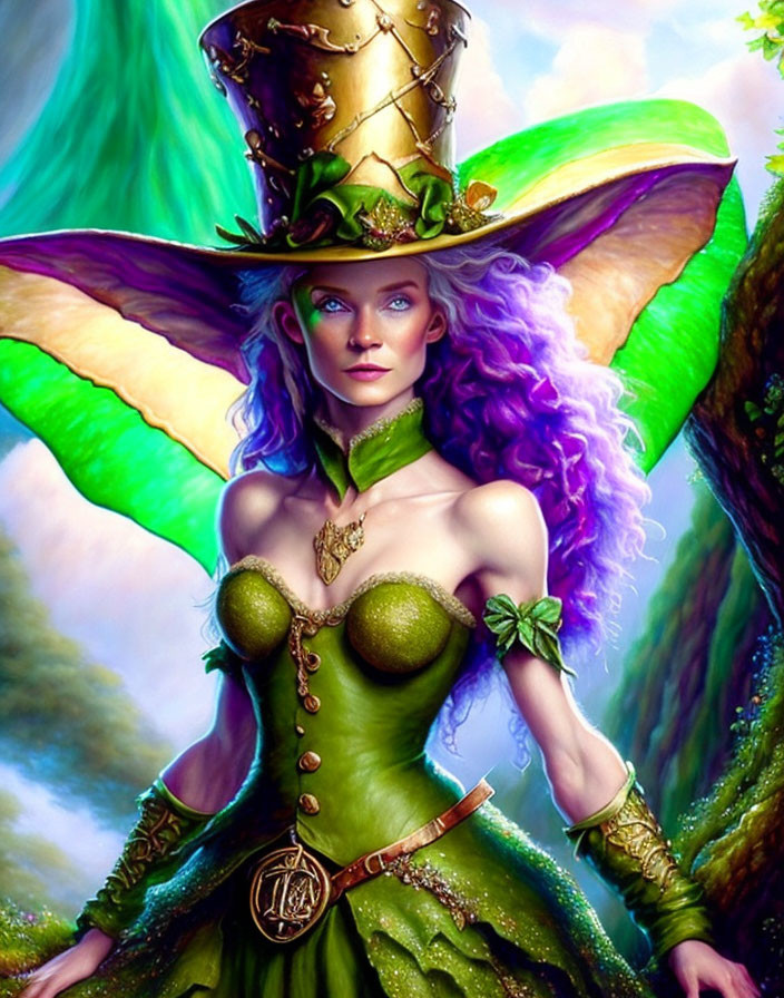 Purple-haired female fantasy character in green fairy costume with top hat on vibrant nature background