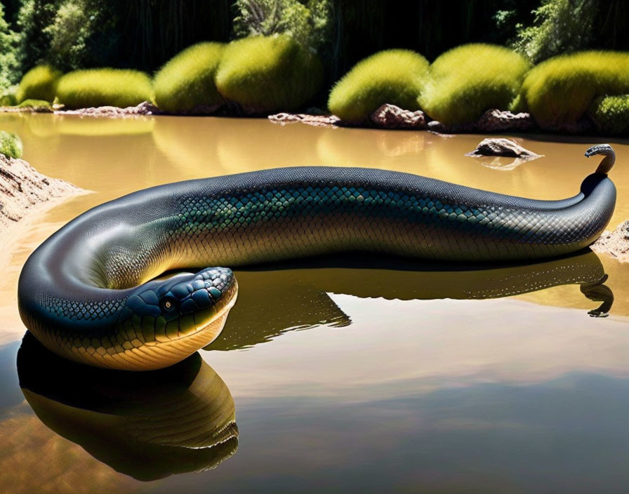 Oversized digitally enhanced snake by river in lush greenery