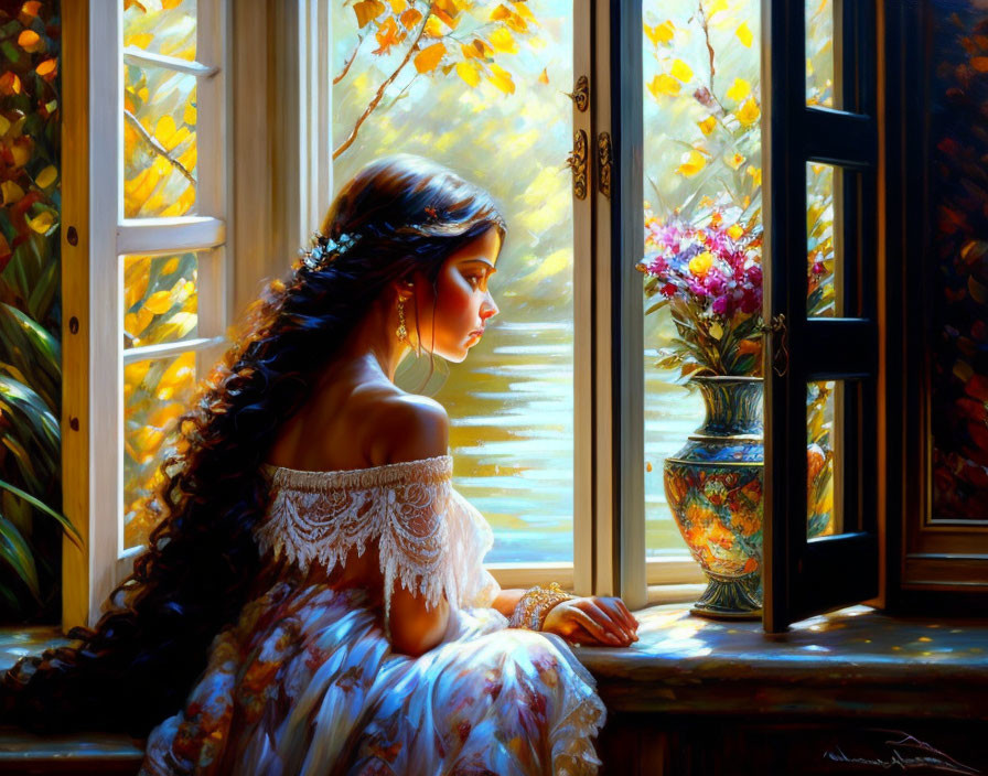 Woman in White Dress Contemplates Sunlit Autumn Garden