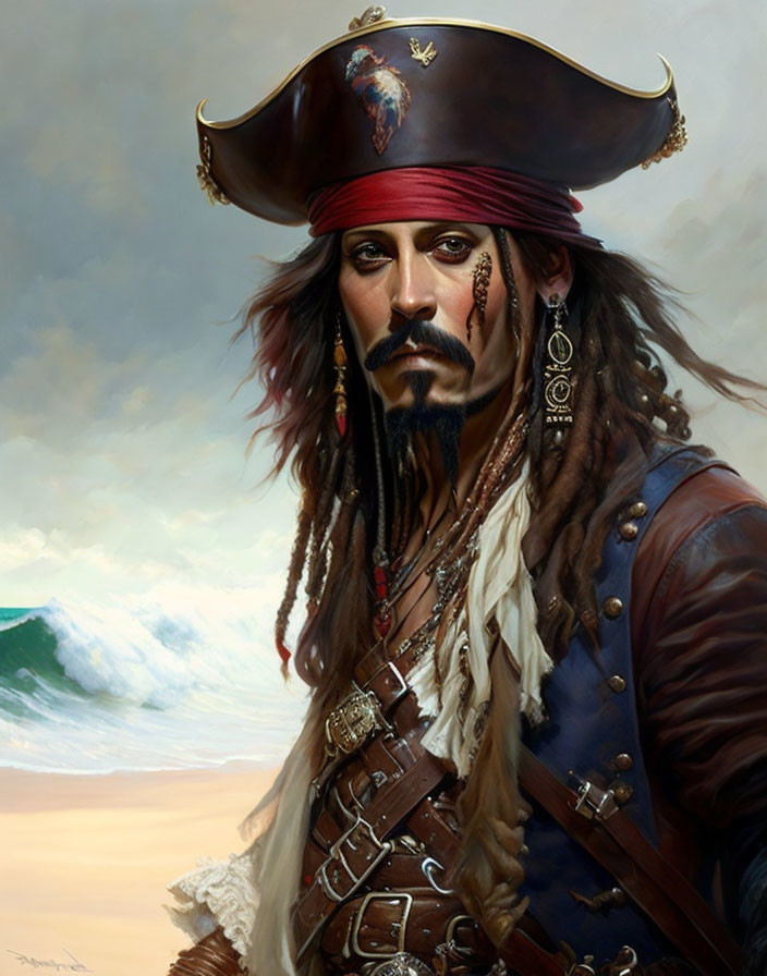 Fictional pirate portrait with tricorner hat, long hair, and accessories against cloudy sky