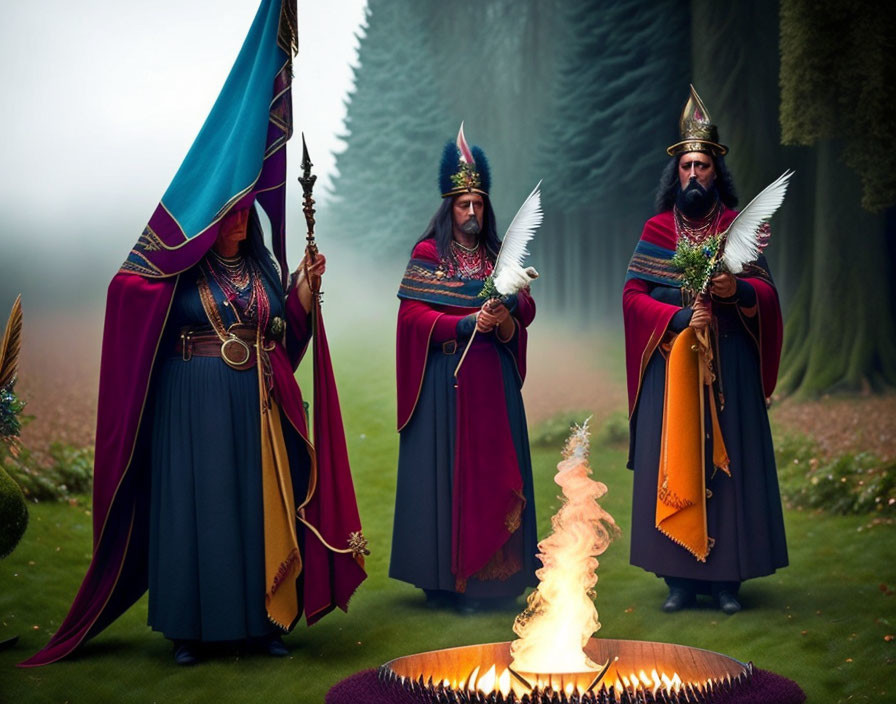 Three individuals in ornate costumes with capes and helmets standing around a small flame in a foggy