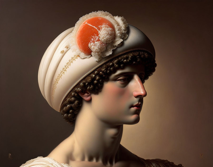 Classical portrait with white and gold headpiece and peeled tangerine