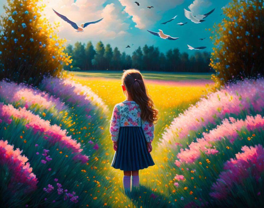 Girl standing in vibrant meadow under sunset sky with lavender blooms and birds.