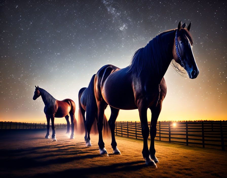 Majestic horses under starry sky with vibrant sunset and wooden fence