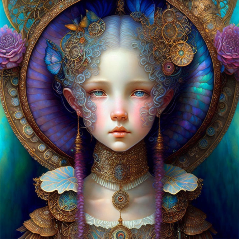 Fantasy portrait featuring a girl with elfin features and intricate golden headdress.