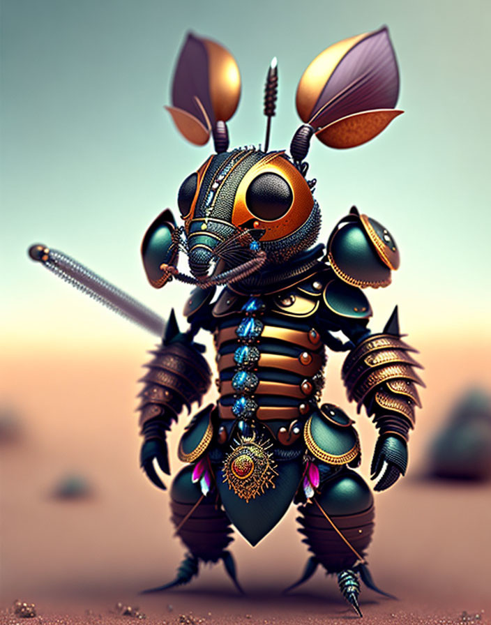 Mechanical bee character in armor on sandy background