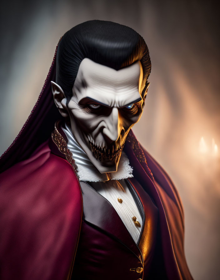 Digital portrait of a vampire in red cape and dark attire on dimly lit backdrop