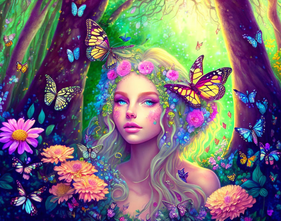 Colorful Woman in Whimsical Forest with Butterflies and Flowers