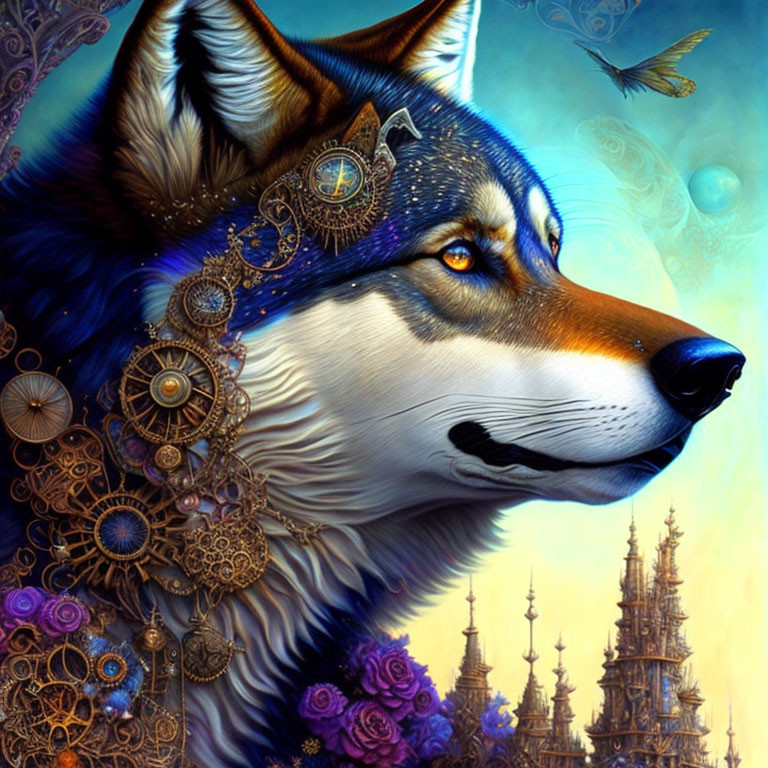 Fantasy-themed illustration: Wolf with clockwork gear and whimsical castles