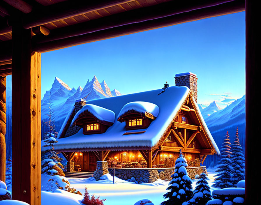 Snow-covered lodge with glowing windows in twilight sky and mountain backdrop.