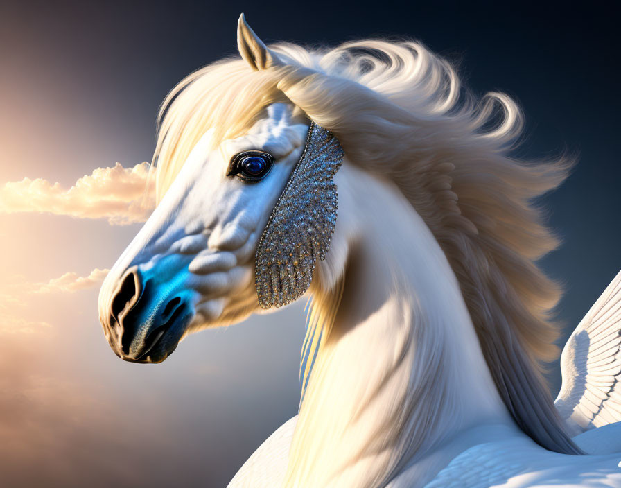 White Winged Horse with Sparkling Bridle in Cloudy Sky