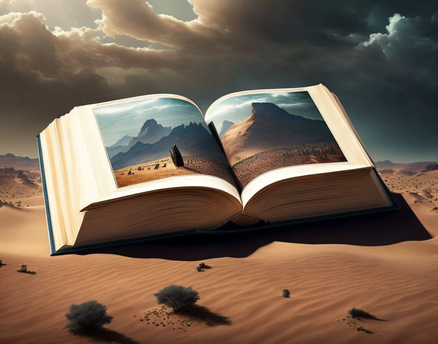 Open book with desert landscape pages under dramatic sky