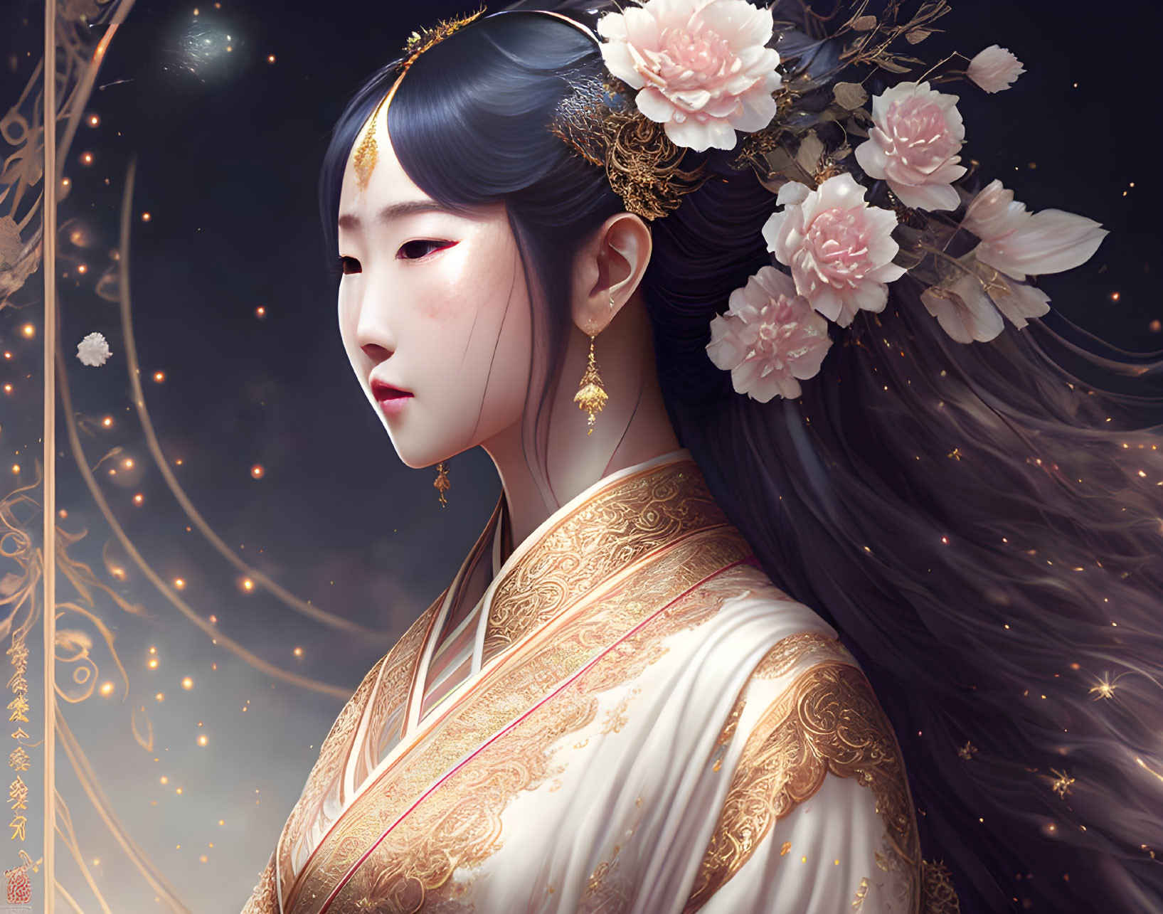 Illustrated portrait of a woman with East Asian features in golden attire against starry backdrop