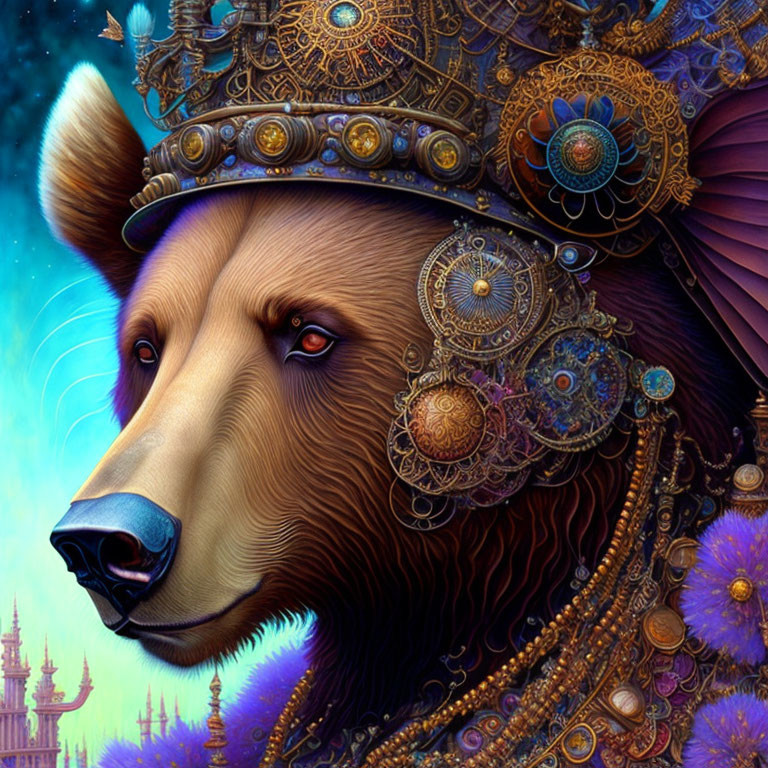 Detailed Steampunk Crowned Bear Illustration