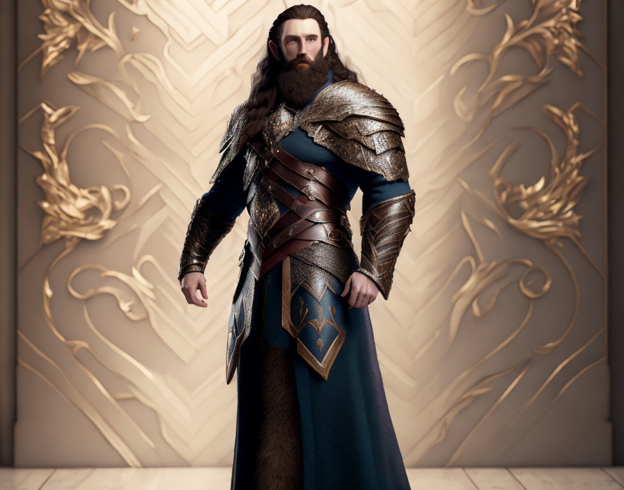 Medieval-style armored male character with gold accents on ornate background