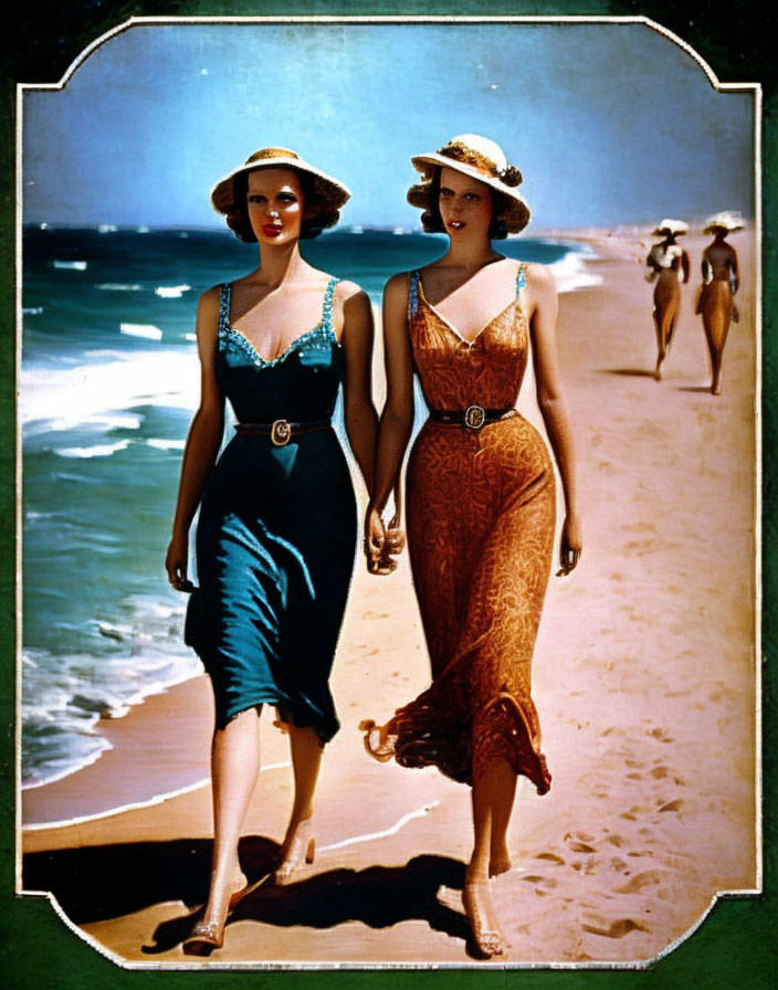 Vintage beach scene with women in swimwear and hats walking along the shore.