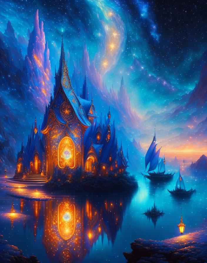 Fantastical glowing blue castle by serene lake at night